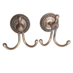 Brass Double Coat Hooks Wall Mount Rope Twist Set of 2 Patina VTG/poss Antique